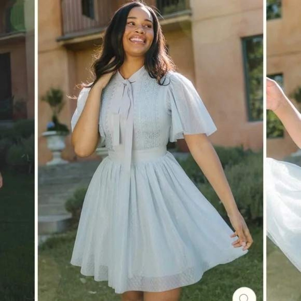 Pleated Tie-Neck Midi Dress in Light Blue